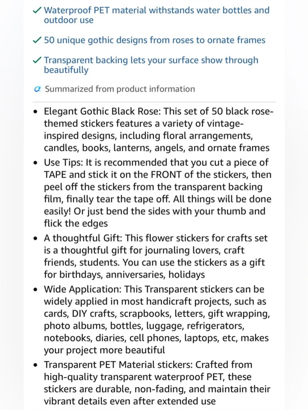 Gothic Black Rose PET Stickers Set of 20 Waterproof Journal Scrapbook Decor 🗝️